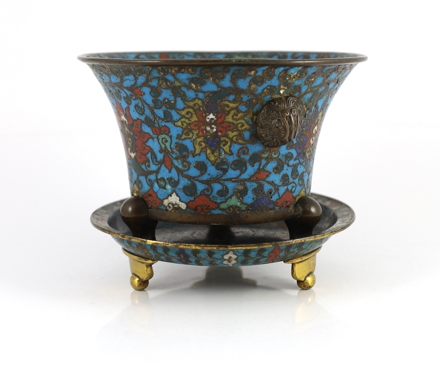 A Chinese Ming cloisonné enamel and bronze tripod censer and associated tripod stand, 16th/17th century, 26.8cm diameter